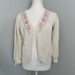 Vintage 1980s Margules Cardigan Grandmacore Sweater Cream Pink Floral Knit Large